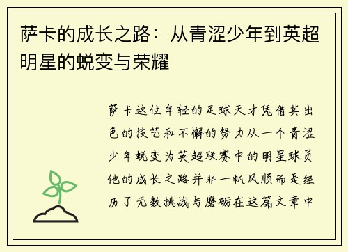 萨卡的成长之路：从青涩少年到英超明星的蜕变与荣耀
