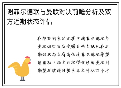 谢菲尔德联与曼联对决前瞻分析及双方近期状态评估