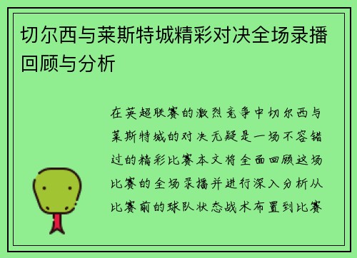 切尔西与莱斯特城精彩对决全场录播回顾与分析