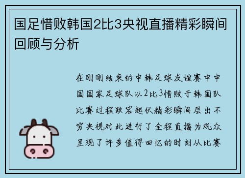 国足惜败韩国2比3央视直播精彩瞬间回顾与分析