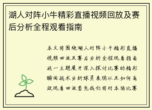 湖人对阵小牛精彩直播视频回放及赛后分析全程观看指南