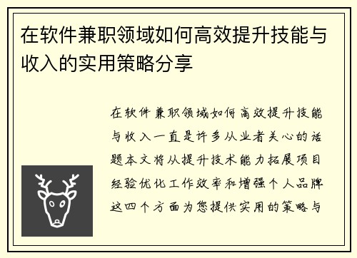 在软件兼职领域如何高效提升技能与收入的实用策略分享