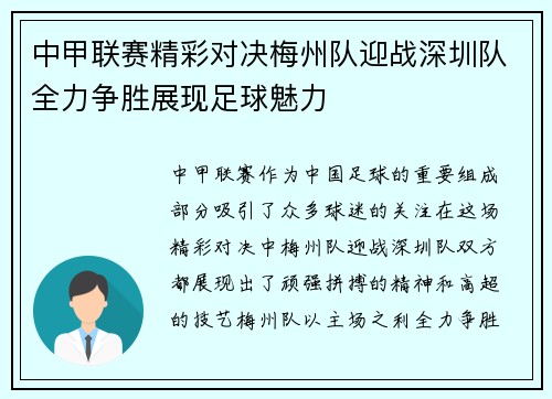 中甲联赛精彩对决梅州队迎战深圳队全力争胜展现足球魅力