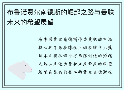 布鲁诺费尔南德斯的崛起之路与曼联未来的希望展望