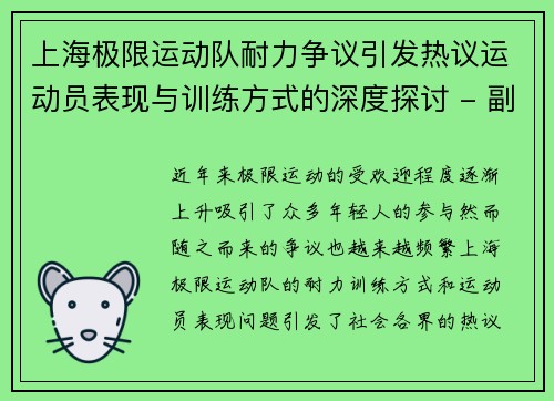 上海极限运动队耐力争议引发热议运动员表现与训练方式的深度探讨 - 副本