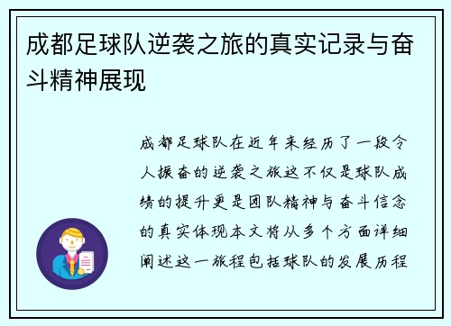 成都足球队逆袭之旅的真实记录与奋斗精神展现
